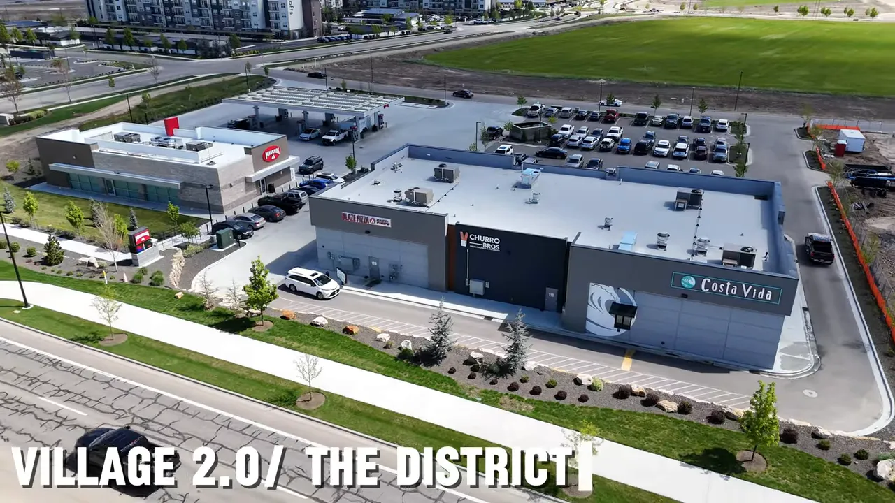Aerial view of Meridian Idaho development area with retail buildings and parking lots