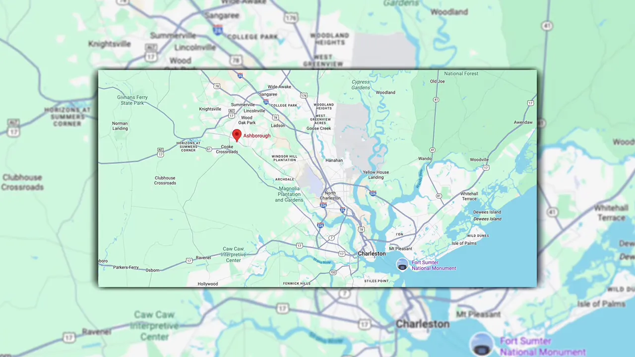 Wider map view with a red marker for Ashborough and surrounding Charleston metro area