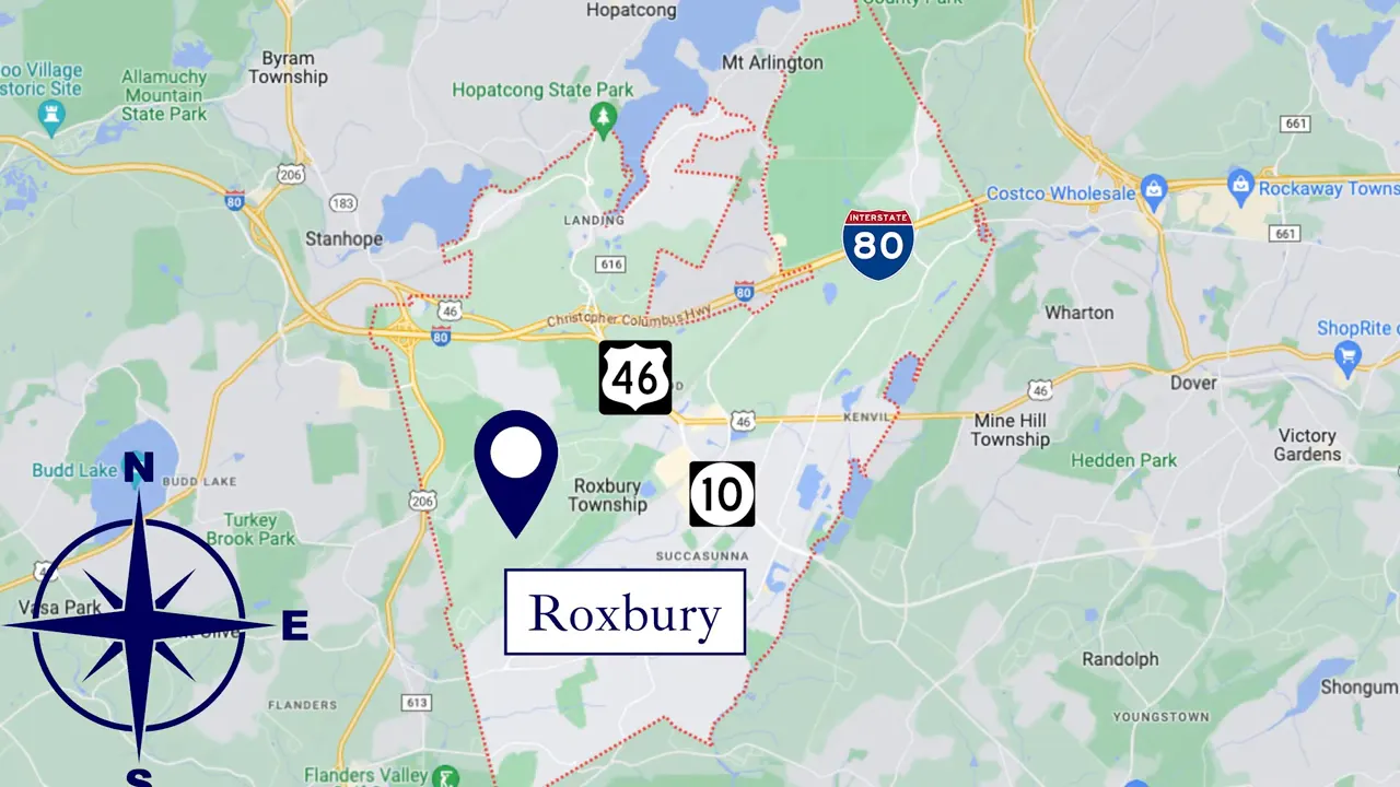 Detailed map of Roxbury Township and surrounding highways including Interstate 80