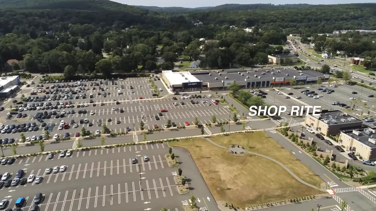 Aerial view of a large shopping center labeled ShopRite near Roxbury, New Jersey