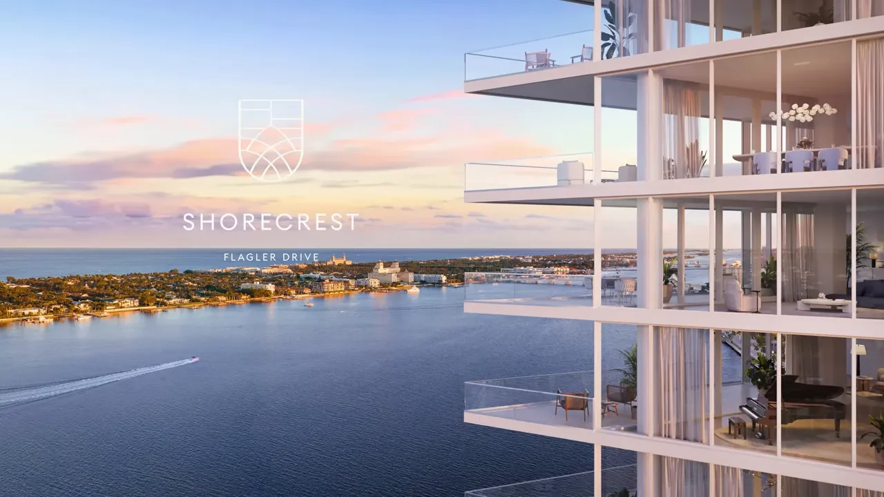 Close-up rendering of Shorecrest showing deep terraces, floor‑to‑ceiling glass and the Intracoastal with the Shorecrest logo overlaid.