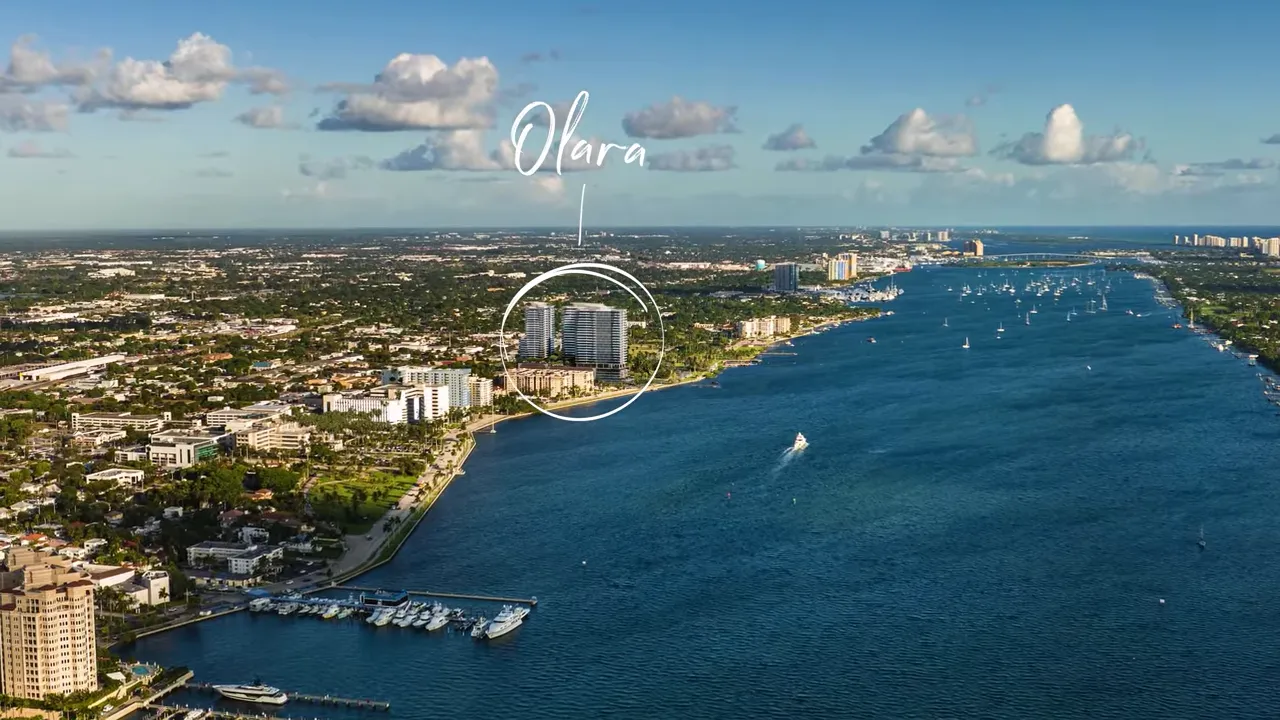 Wide aerial view of the Intracoastal with the Olara towers circled and labelled, showing the waterfront context