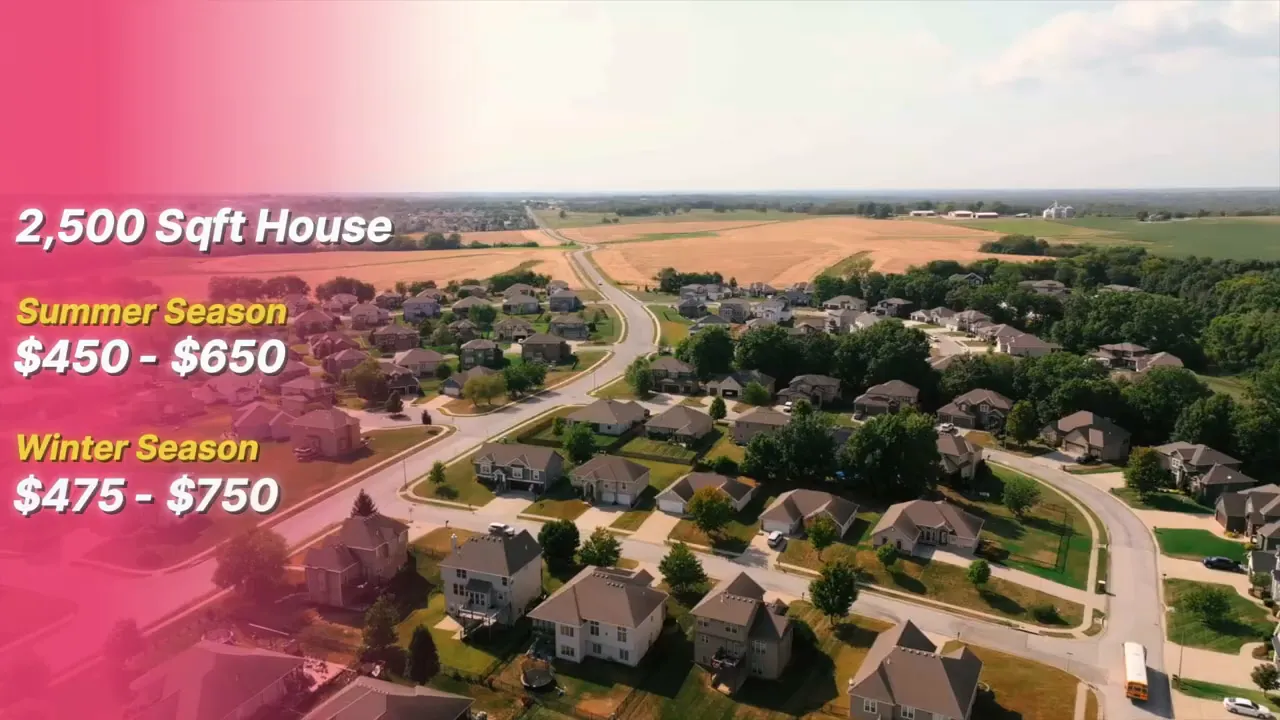 Aerial neighborhood view with graphic showing 2500 square foot summer utility costs of 450 to 650 dollars and winter costs of 475 to 750 dollars