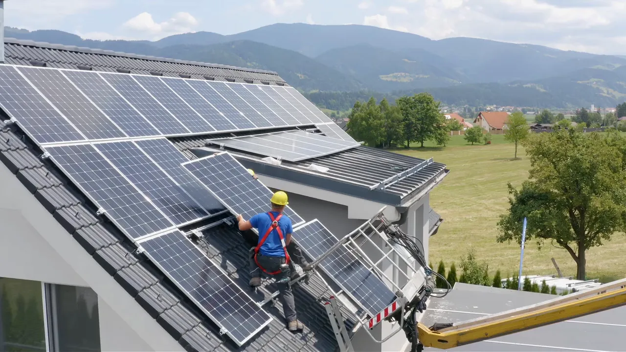 Workers installing solar panels on a residential roof