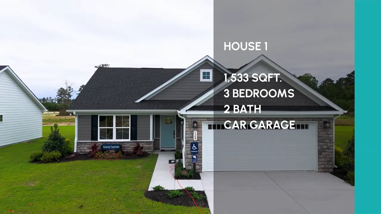 Front exterior of a single story home with text overlay listing 1533 square feet 3 bedrooms 2 bath and 2 car garage