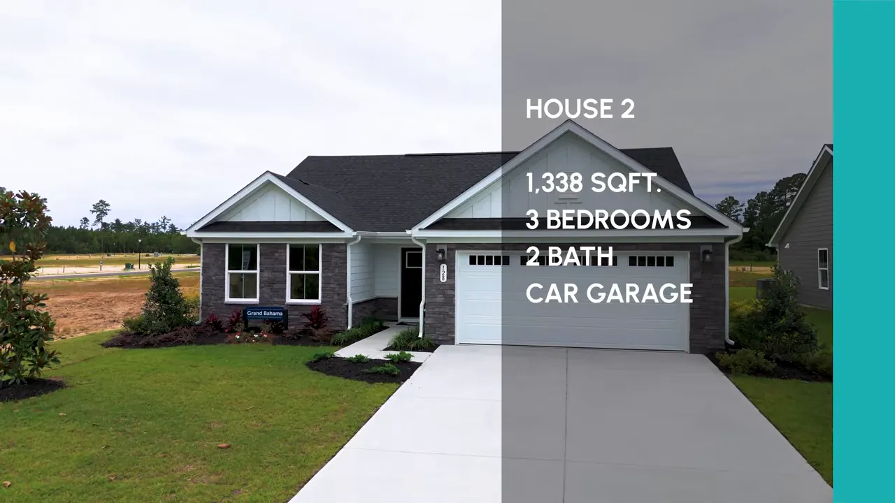 Front exterior of second single story home with text overlay listing 1338 square feet 3 bedrooms 2 bath and 2 car garage