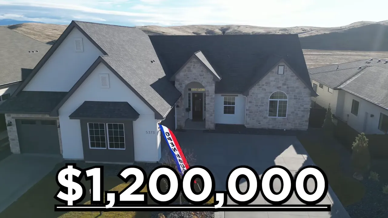 Aerial front view of the featured Valnova home with a bold $1,200,000 price overlay across the bottom of the frame.