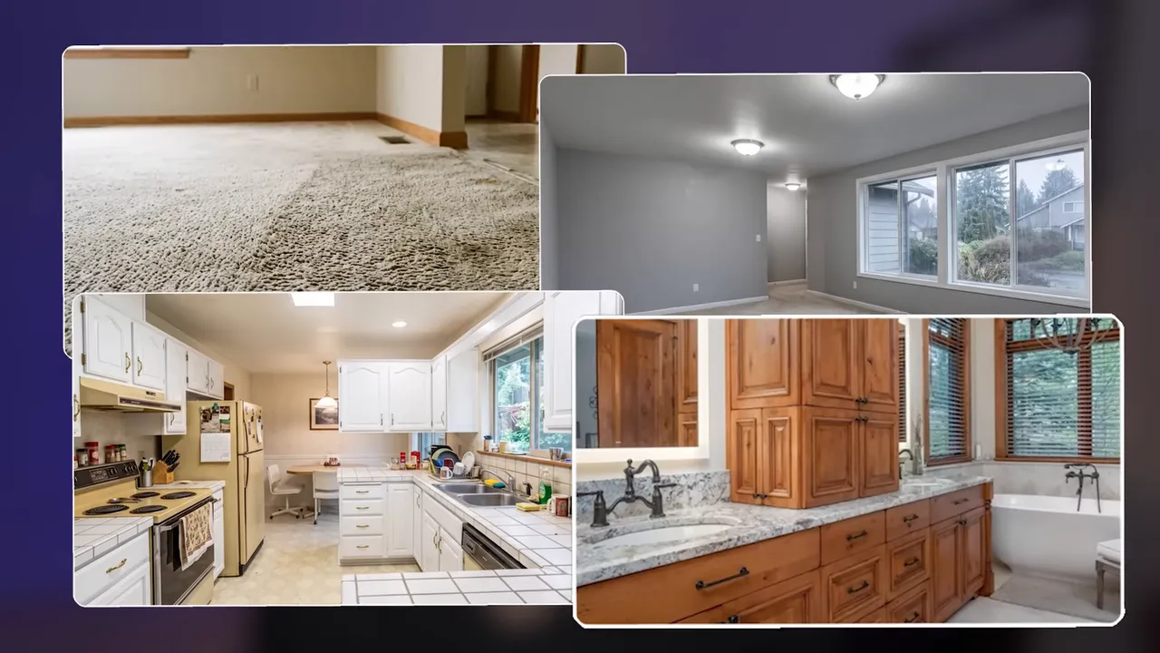 Collage showing outdated carpet room older kitchen and dated bathroom finishes