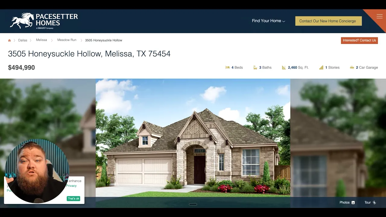 Pacesetter Homes listing screenshot for 3505 Honeysuckle Hollow in Melissa, TX 75454 showing price $494,990 and property details