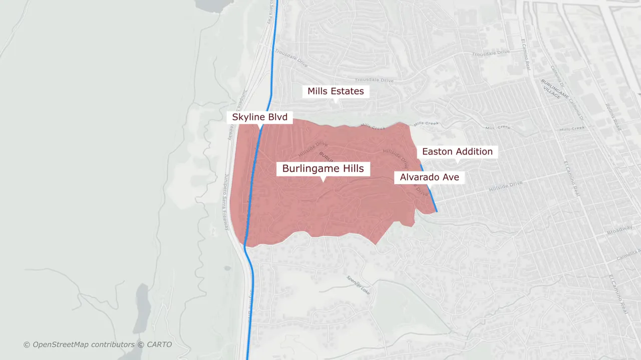 detailed map highlighting Burlingame Hills with Skyline Blvd and Mills Estates labeled