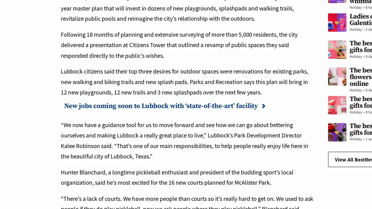 Screenshot of a news article describing Lubbock’s parks master plan with text about new playgrounds, walking and biking trails, and splash pads