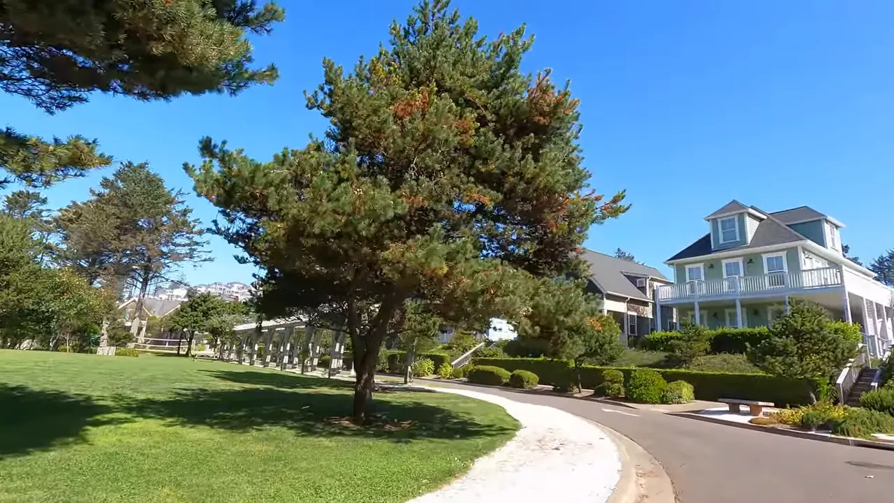 Curved neighborhood road beside lawn and large porch homes