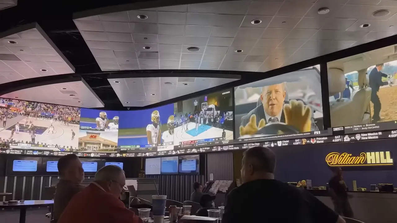 Sports book with rows of large screens showing games
