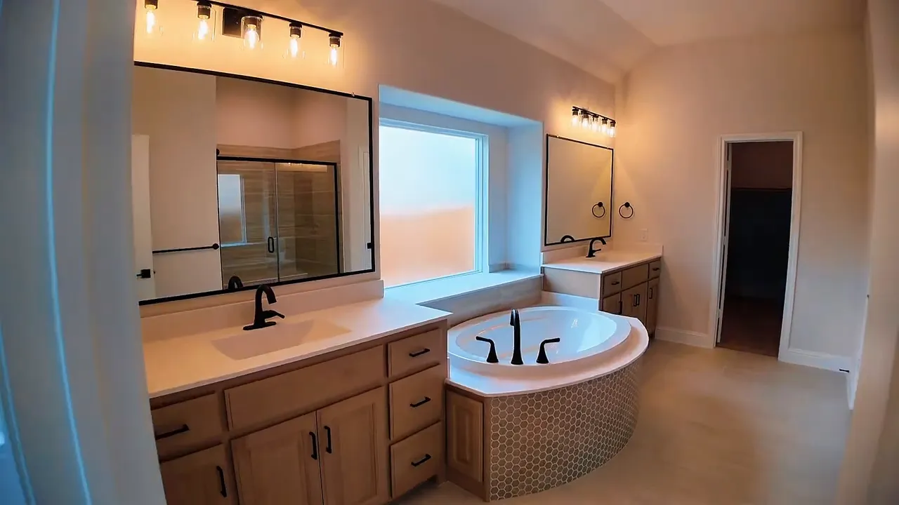 Primary bathroom with freestanding tub dual vanities and framed mirrors