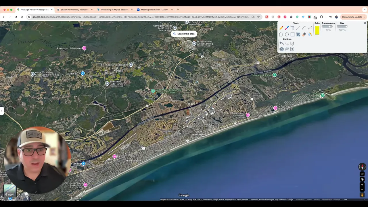 Aerial map screenshot showing Longs SC inland area with routes to coastal North Myrtle Beach