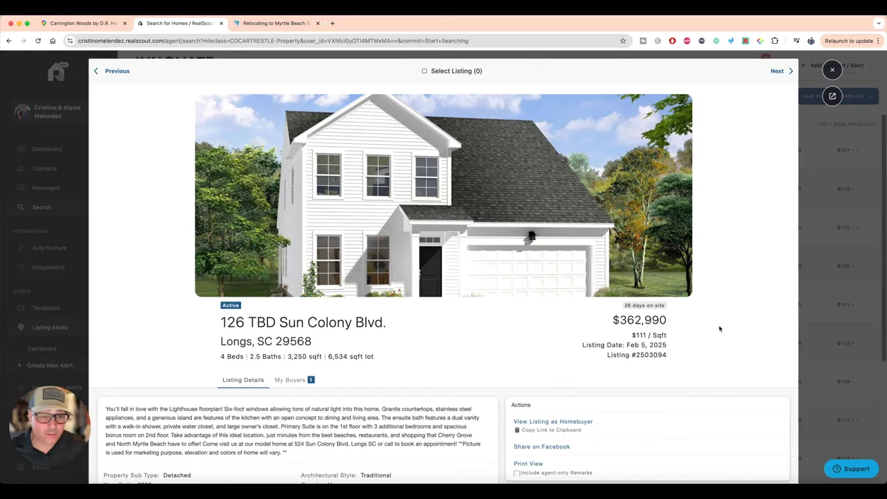 New construction home exterior and listing details for Longs, SC