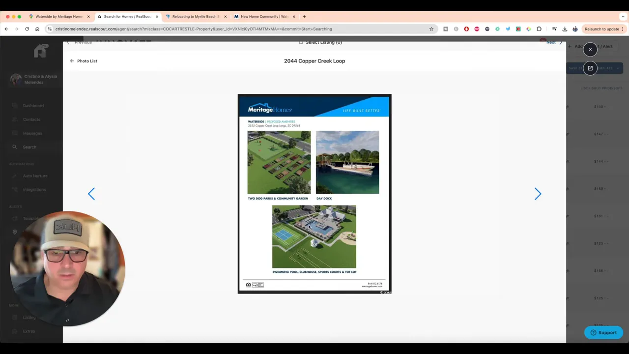 Amenities photo list screenshot showing proposed community features like two dog parks, pool, and day dock in Longs SC