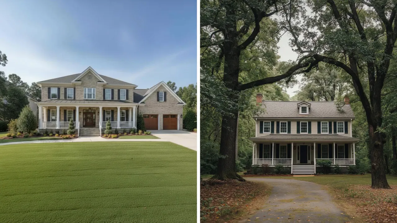 Two large homes with mature trees and front lawns