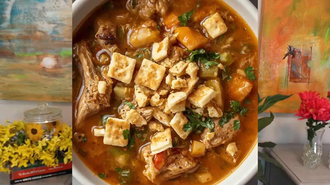 Bowl of chicken stew with chunks of chicken and vegetables