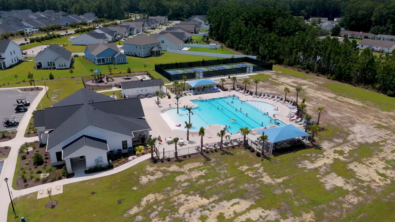 Aerial view of community pool and amenity center