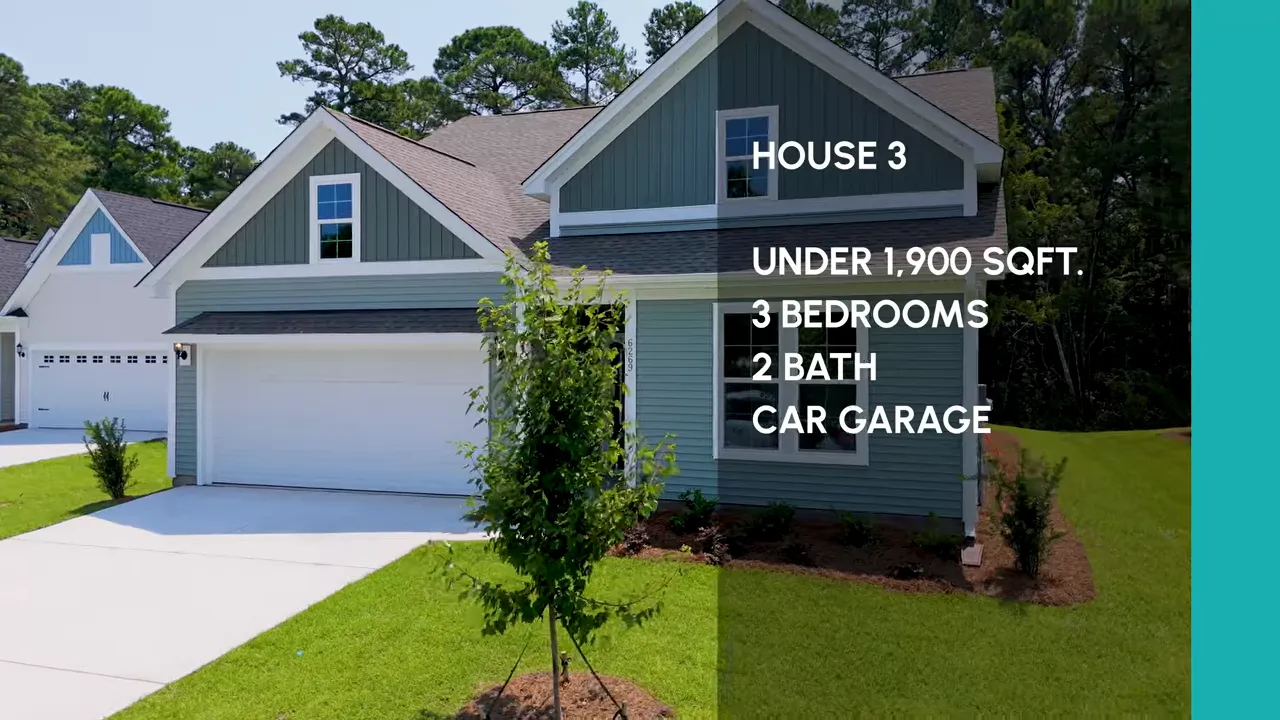 Gray home exterior with text listing under 1900 square feet three bedrooms and two baths