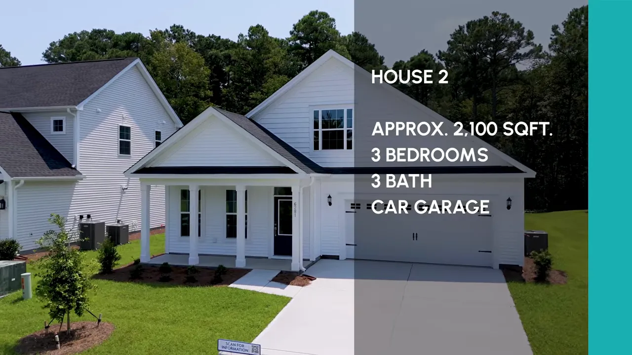 White home exterior with text listing three bedrooms three baths and approximately 2100 square feet