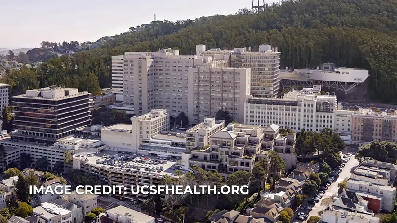 Clear aerial view of UCSF medical campus buildings with parking and adjacent structures