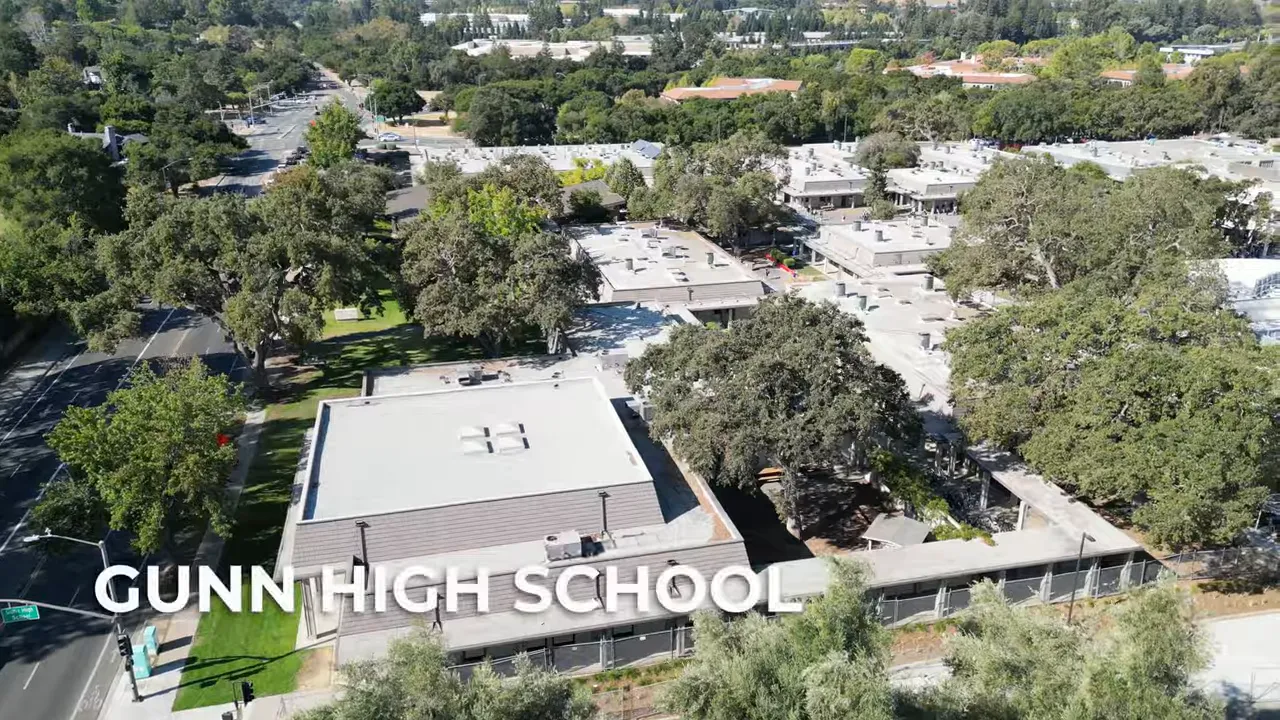 Aerial view of Gunn High School campus buildings and sports fields