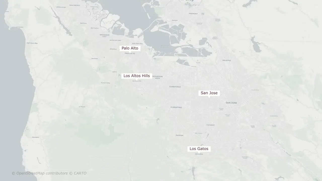Map with labels for Palo Alto, Los Altos Hills, Los Gatos, and San Jose in the Bay Area