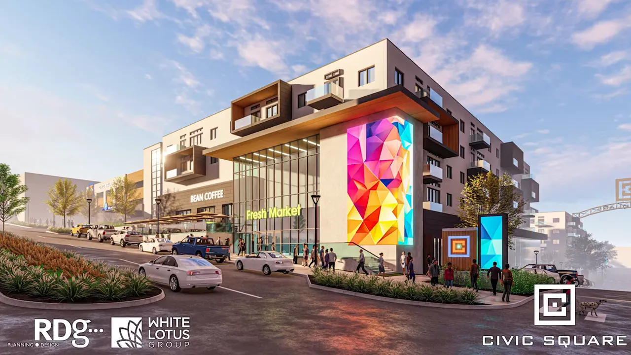 Civic Square rendering with Fresh Market entrance, Bean Coffee storefront and colorful mural on the building facade