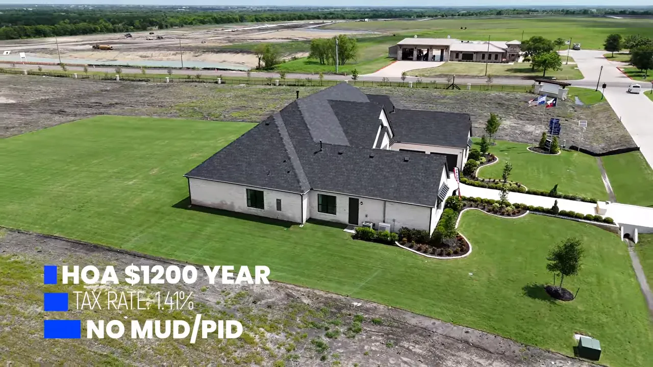 Aerial view of the Lancaster home in Ridge Pointe Estates with HOA $1,200/year, tax rate 1.41%, and no MUD or PID overlay text