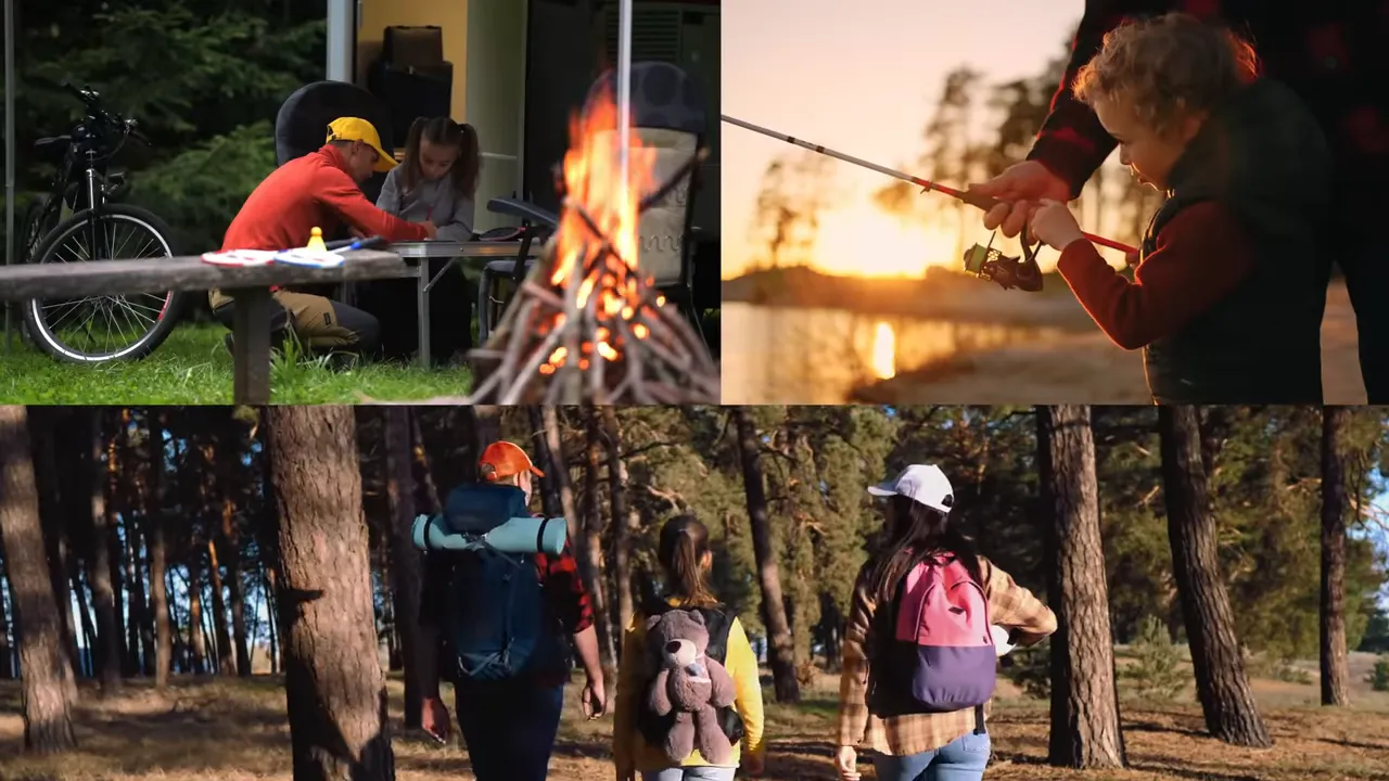 Collage of outdoor family scenes: campfire, child fishing at sunset, and a family hiking through a forest
