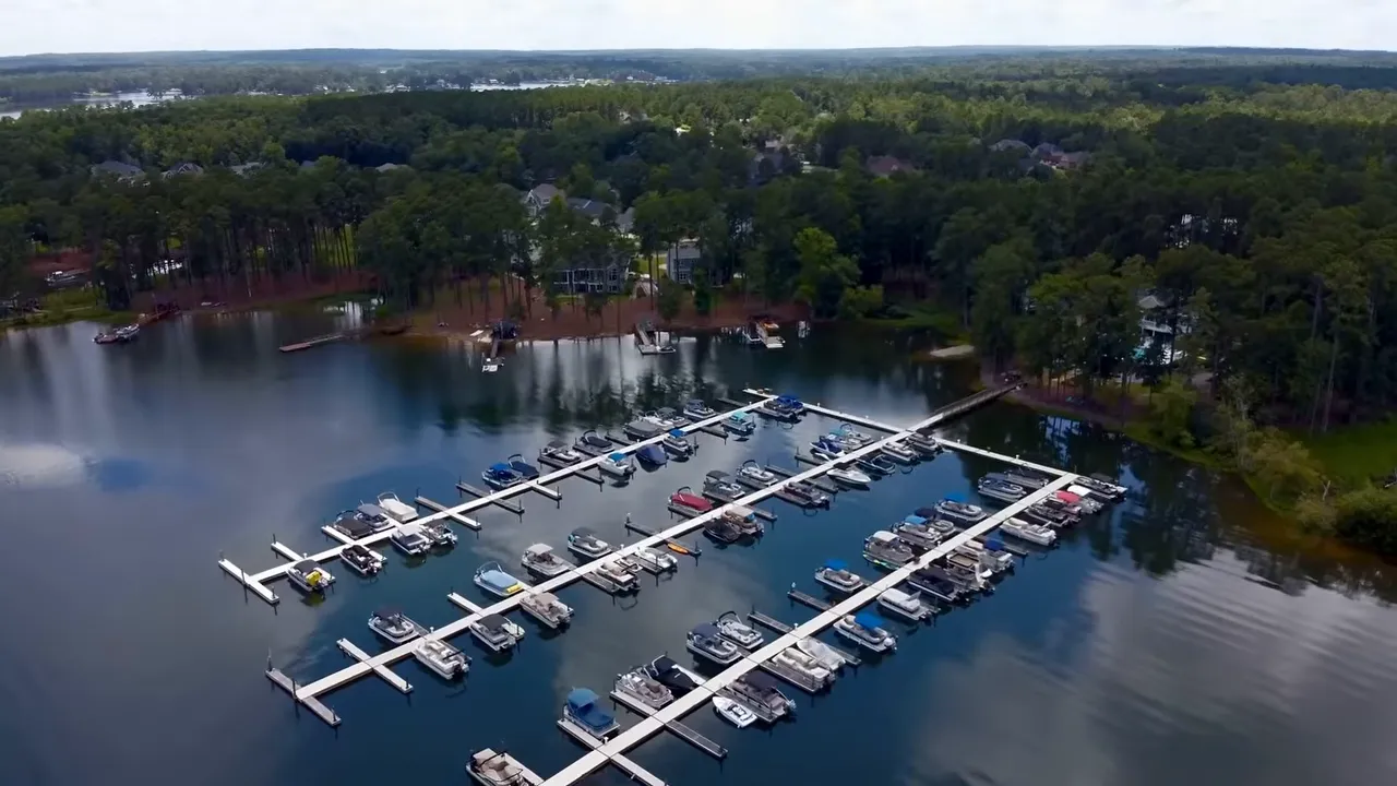Aerial view of a marina with boat docks on Lake Murray