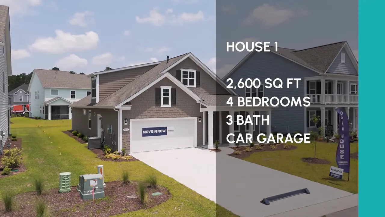 Front exterior of gray house with on screen home specs text