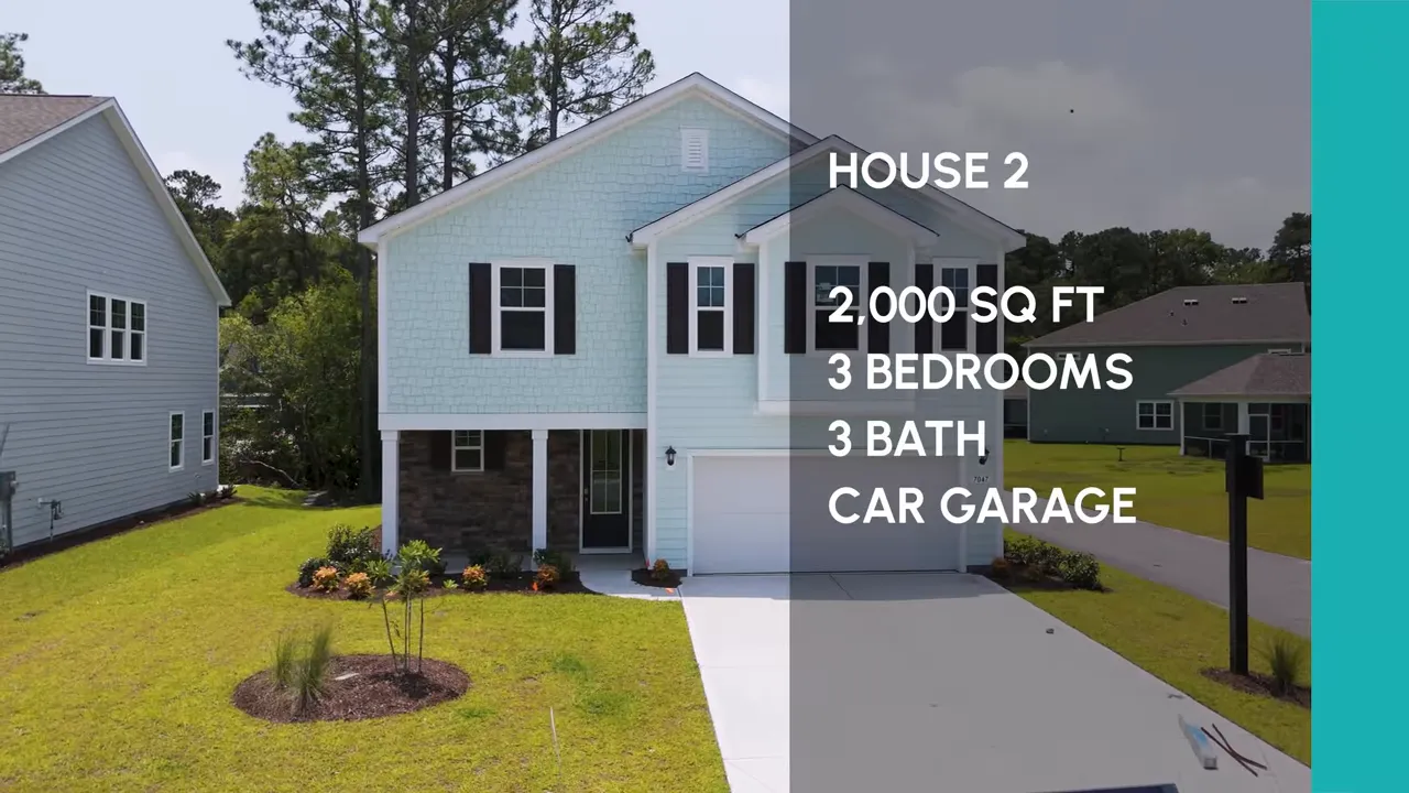 Front exterior of two story white house with on screen specs text