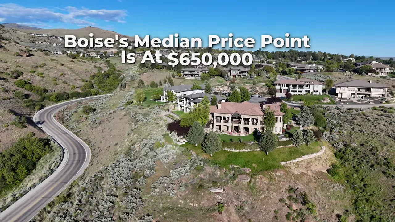 Hillside homes with text stating Boises median price point is at six hundred fifty thousand dollars