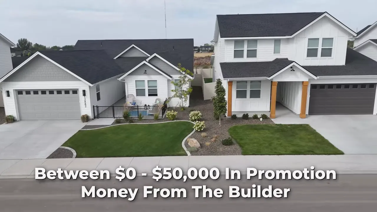 Two suburban homes with text on screen about builder promotion money between zero and fifty thousand dollars