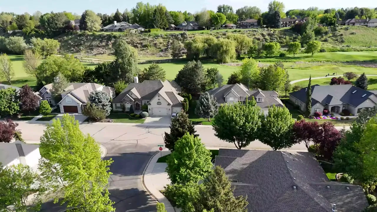 Aerial view of an established neighborhood with mature trees and green landscaping