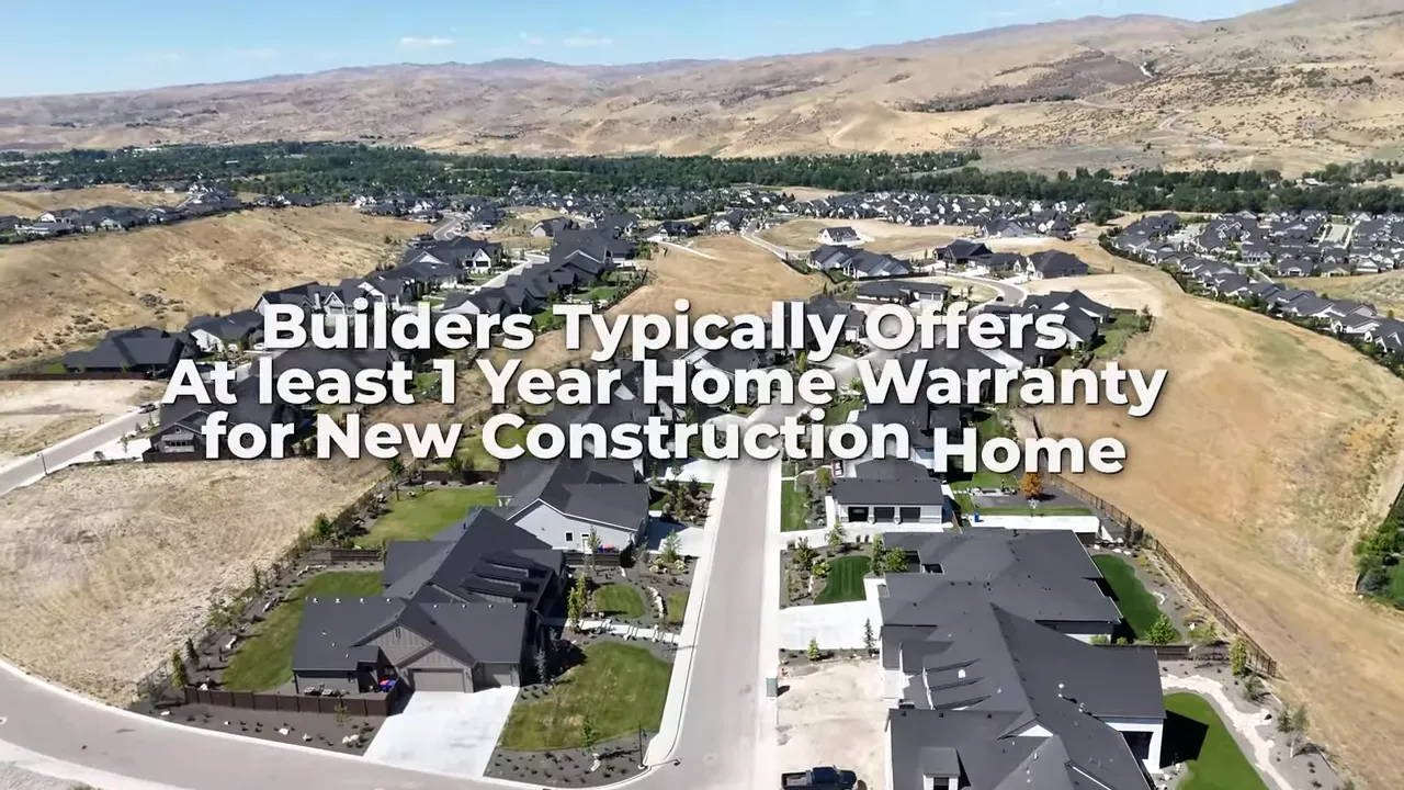 Aerial neighborhood view with text stating builders typically offer at least a one year home warranty for new construction homes