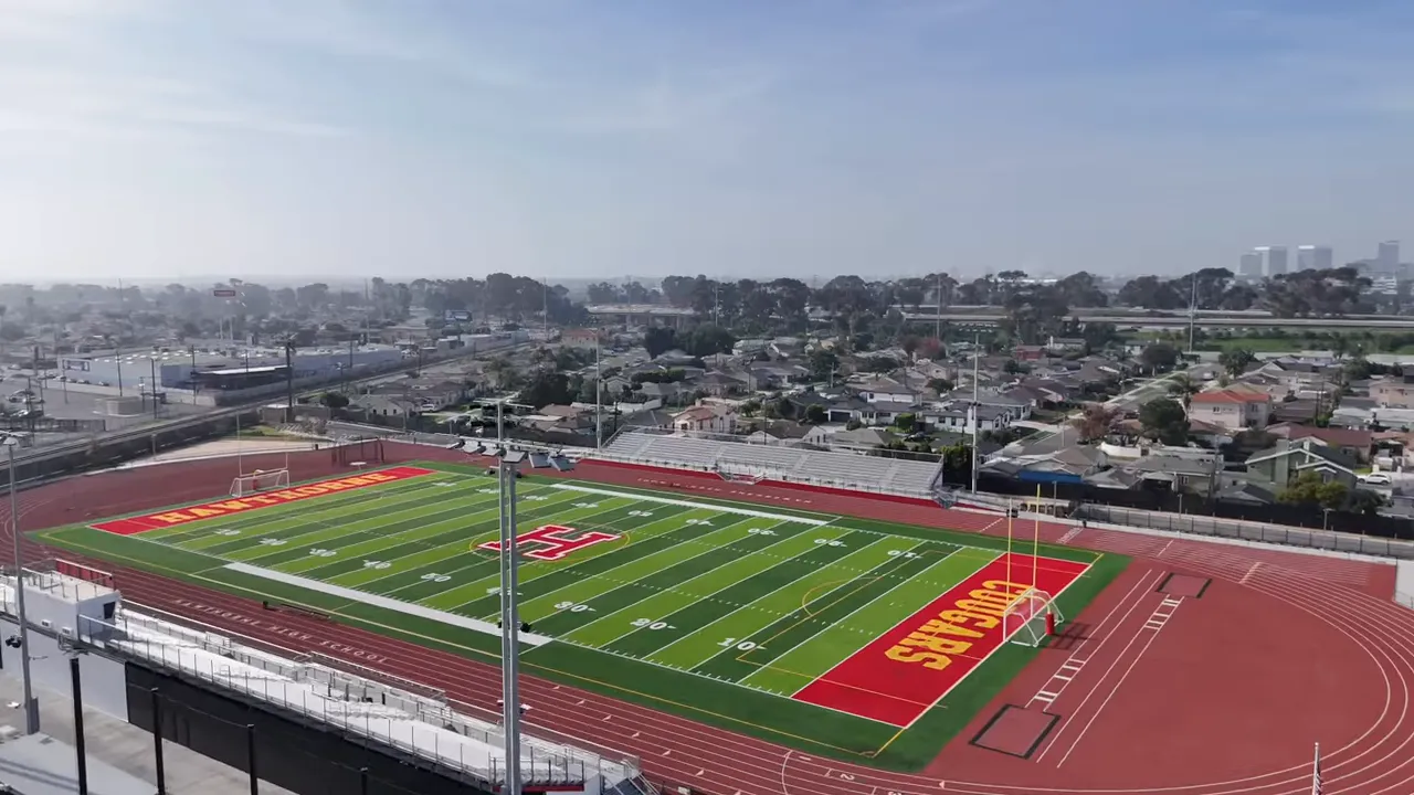Aerial view of Hawthorne High School football field and running track