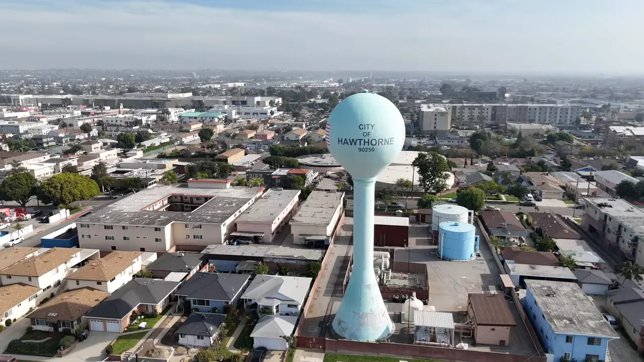 Aerial view of the Hawthorne water tower and surrounding neighborhoods
