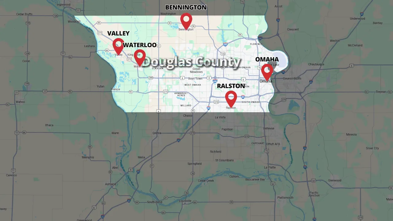 Map of Douglas County with pins for Omaha Ralston Bennington Waterloo and Valley