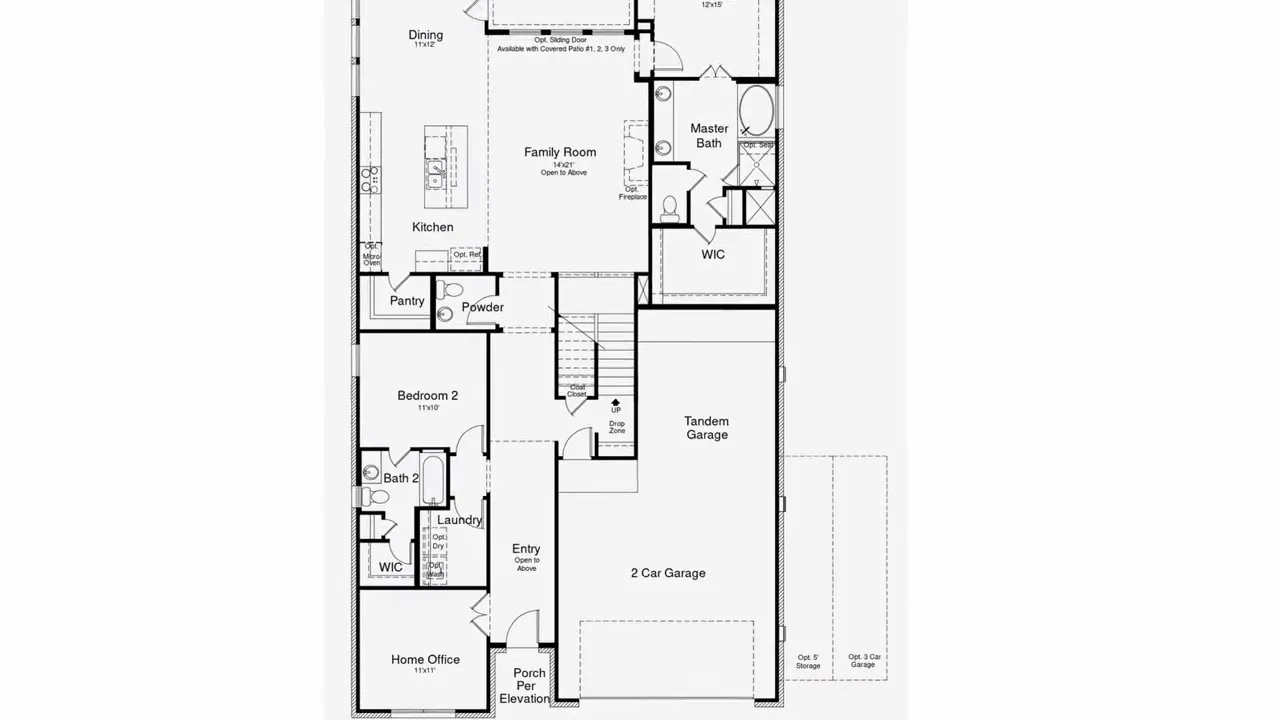 First-floor plan with two main-floor suites, home office, kitchen and garage