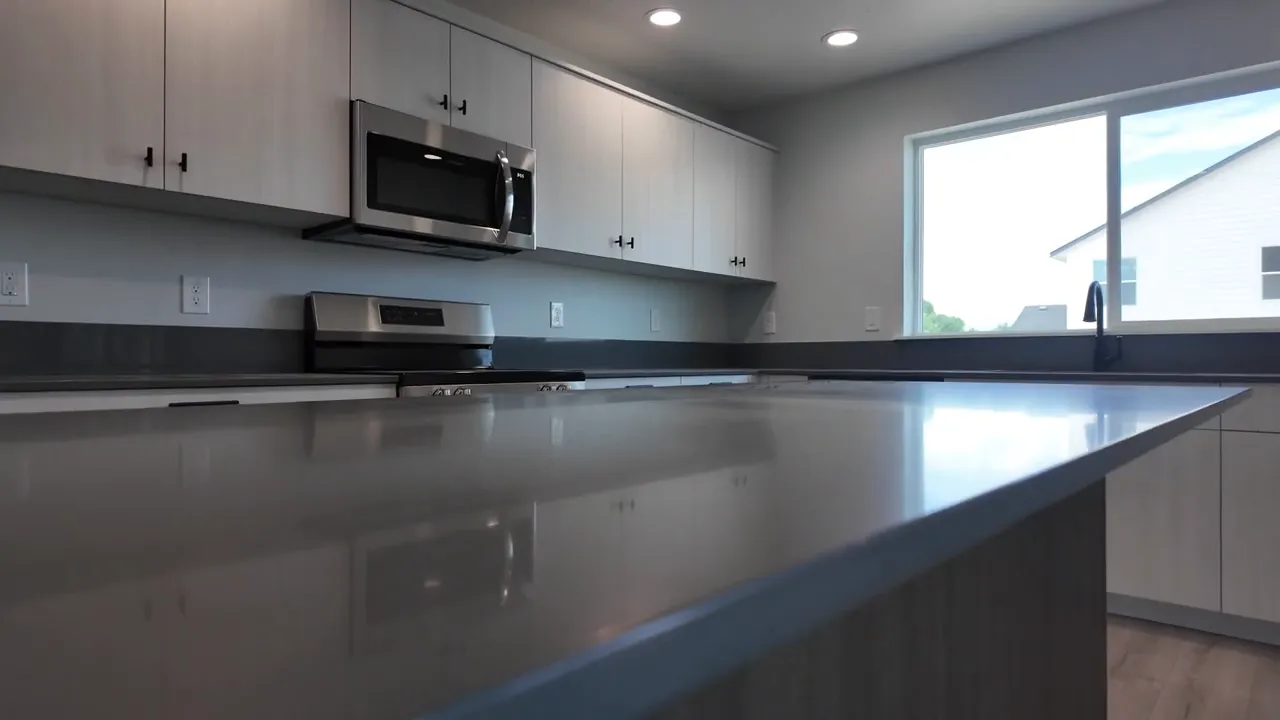 Thunderbolt Landing CBH kitchen close-up view of stove, backsplash, and dark countertops