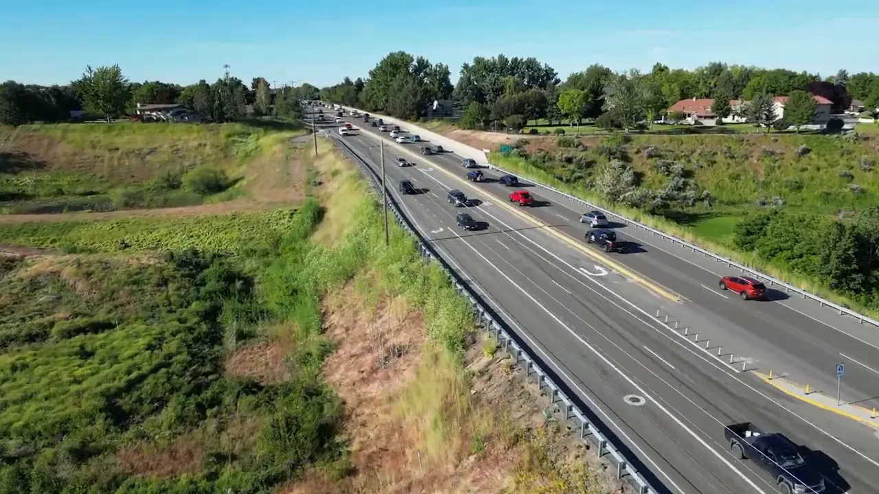 Aerial view of traffic on a divided road near Eagle
