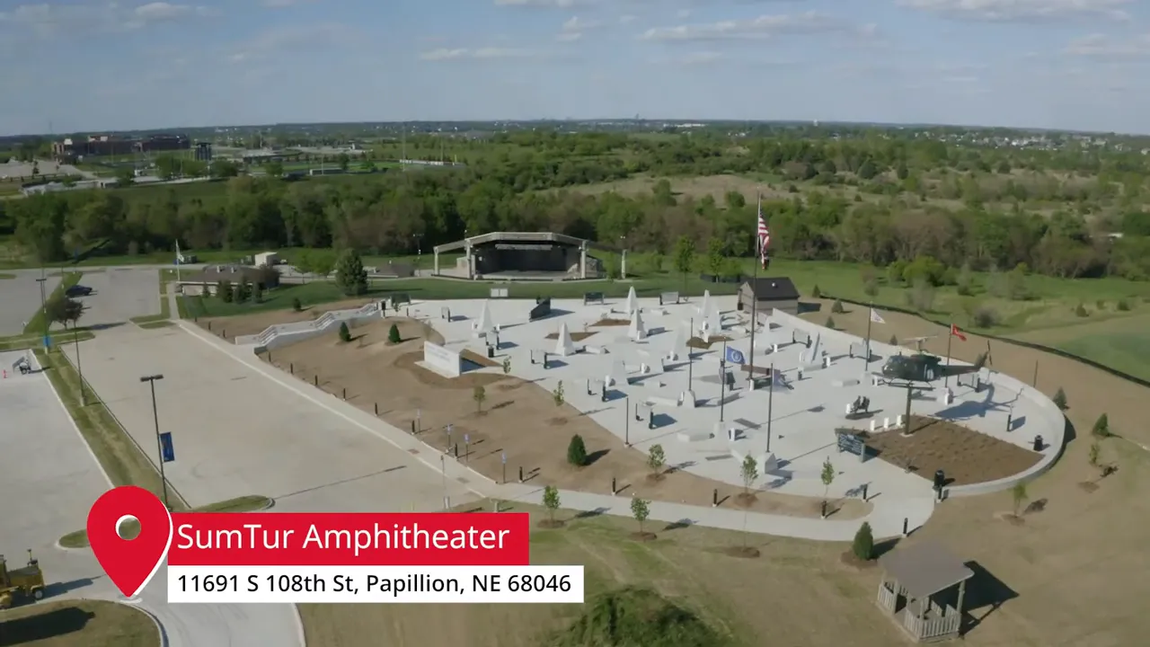 Aerial photo of SumTur Amphitheater and the adjacent memorial plaza in Papillion, Nebraska.