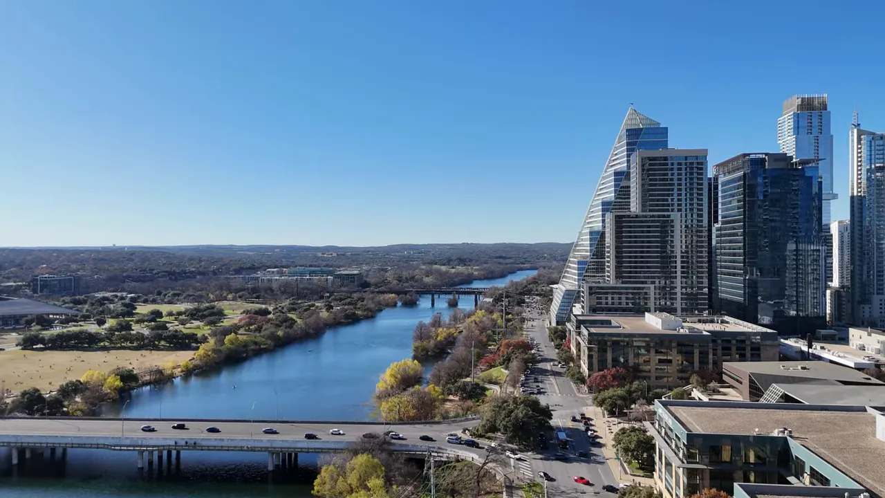 Nighttime lights across downtown square and theater