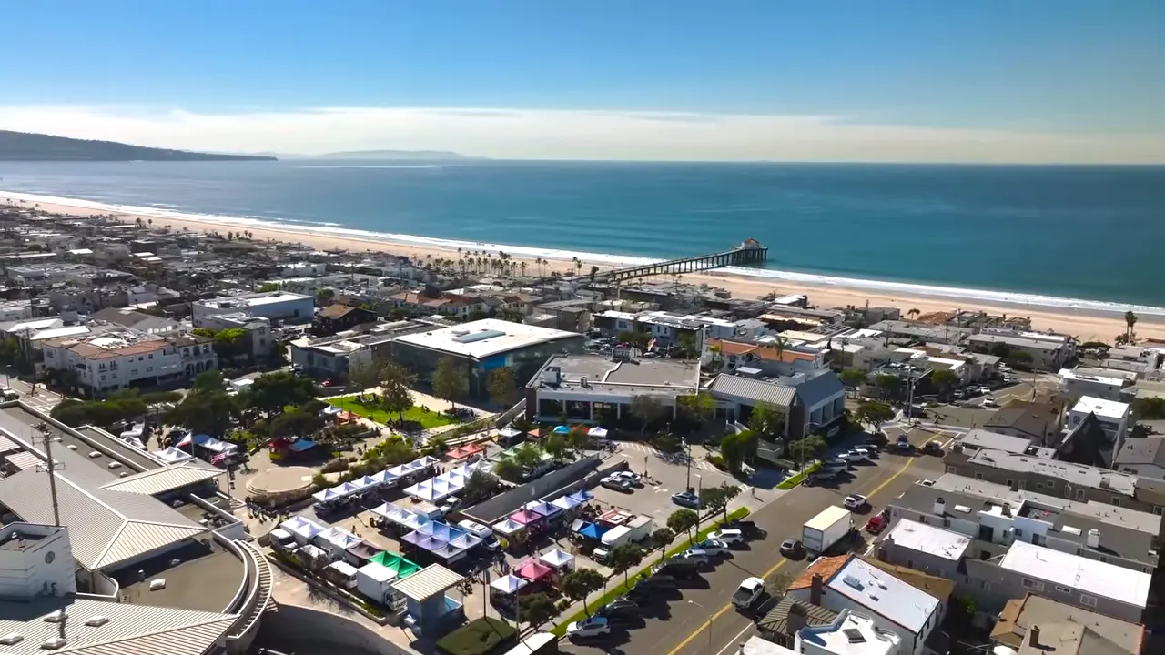 Aerial view of beach neighborhood and coastline in Los Angeles area