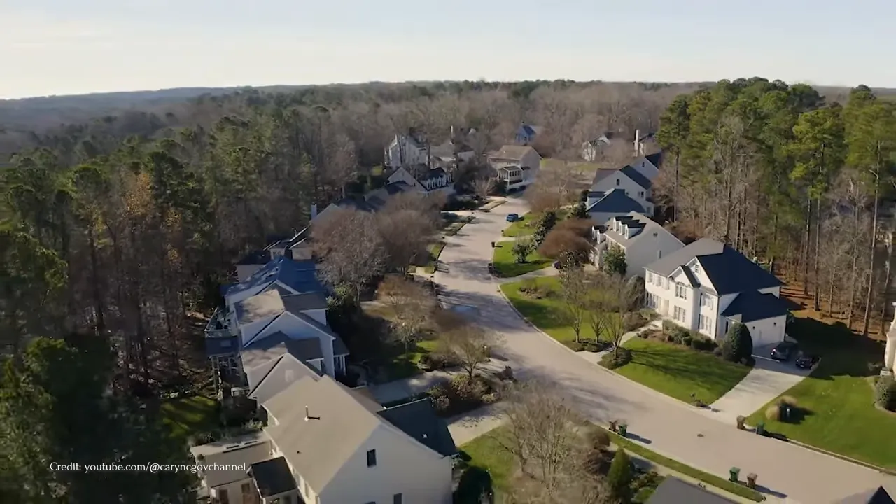 Aerial view of residential streets and homes in Cary, North Carolina