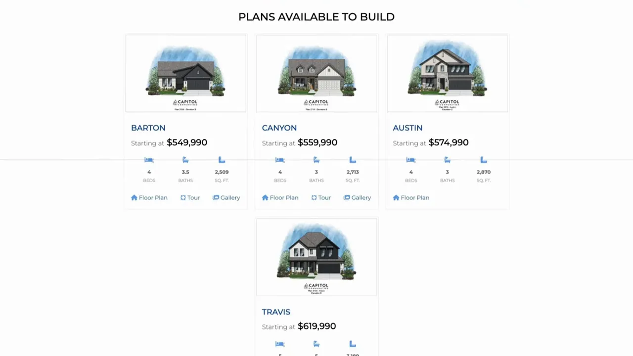 Capital Communities curated home plans available to build with starting prices including Barton, Canyon, Austin, and Travis
